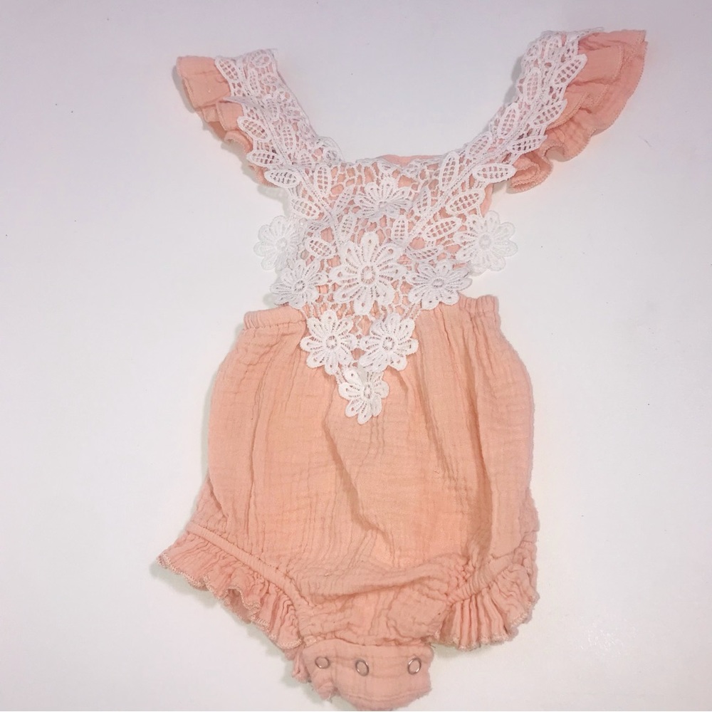 Romper - peach and white with lacing and backless , cross over tie back 2T